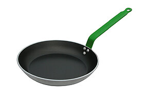 Non stick aluminium frypan with green handle, Choc, De Buyer