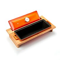 Bread / terrine pot with wooden stand, orange color